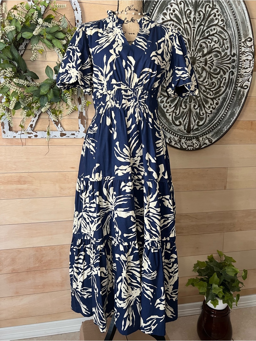 JODIFL Navy and Cream Botanical Tiered Midi Dress with Smocked Waist